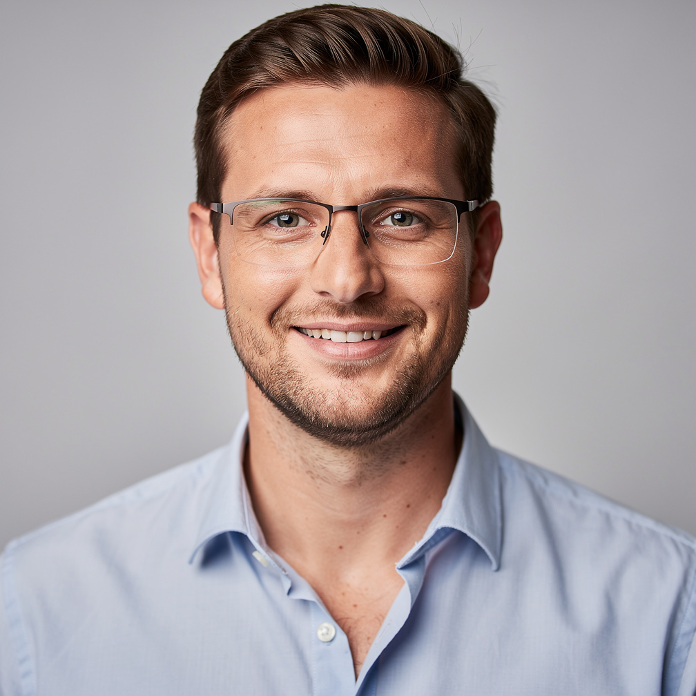 Portrait of a man with glasses and short brown hair